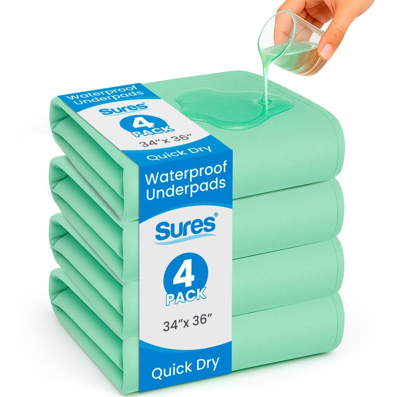 Sures Washable, Waterproof Bed Pad & Mattress Protector for Incontinence (34" x 36" - 4 Pack) - Reusable Bed Pad for Adults & Elderly - Bed Wetting Protection Mattress Pad - Underpad Bedwetting Sheet - Image 1